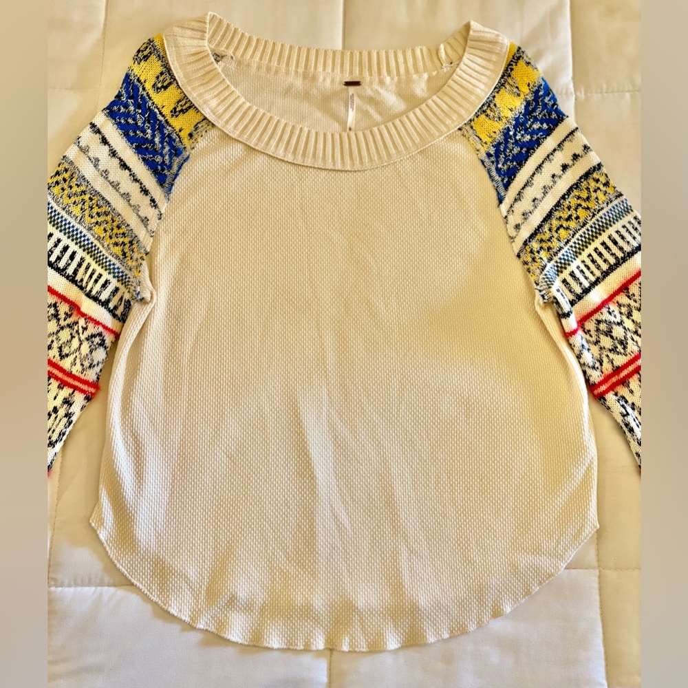 Free People Sweater Fairground Thermal Womens Large Cream Multicolor Knit Boho - Picture 5 of 8